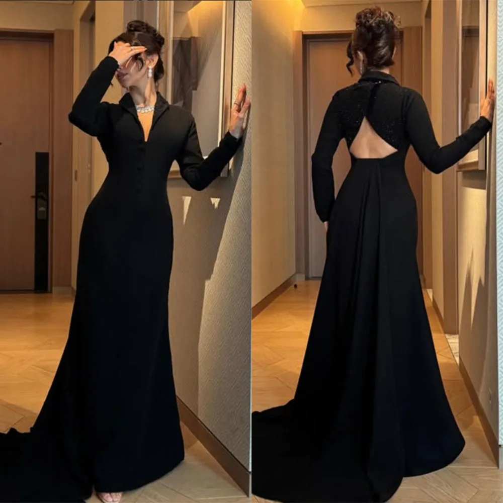 High Quality Customized Floor Length V-neck Black Full Sleeves Court Train Wedding Guest Dresses Luxury 2025 Evening Gowns Robe