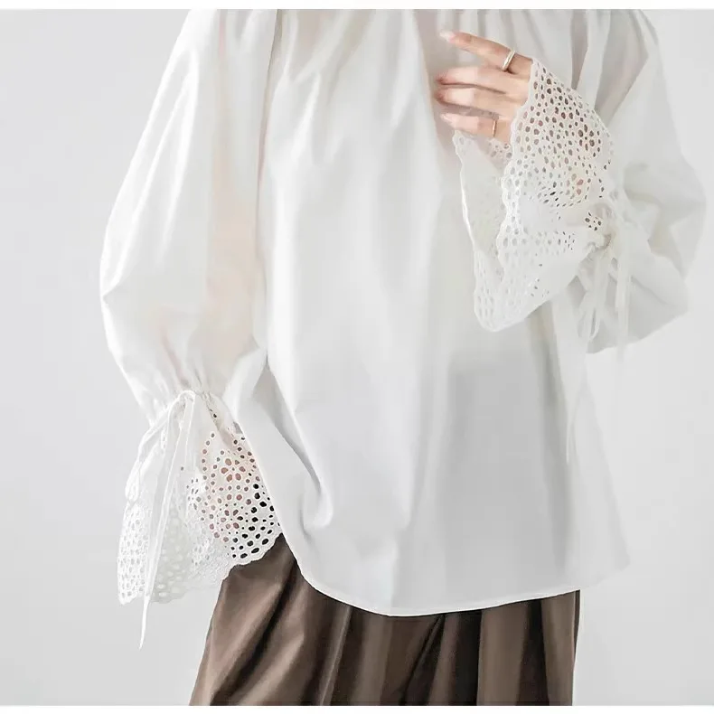 

Women's 2-way Back Button Lace Eyelet Puff Sleeve Blouse Round Neck Flowy Chiffon Shirt Elegant Minimalist Coummted Casual Tops