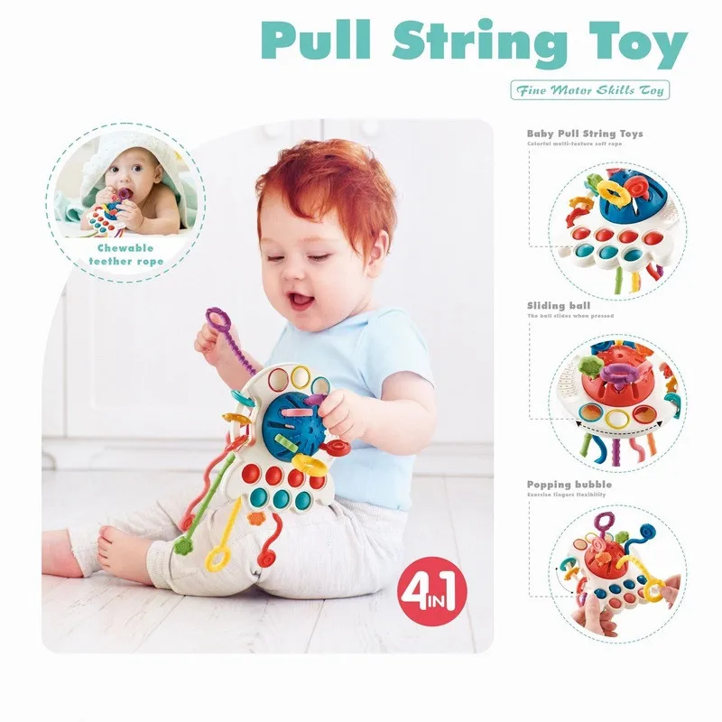 Baby Octopus Pull String Sensory Toys Montessori Development Early Educational Silicone Teething Toy  for Toddler Gift