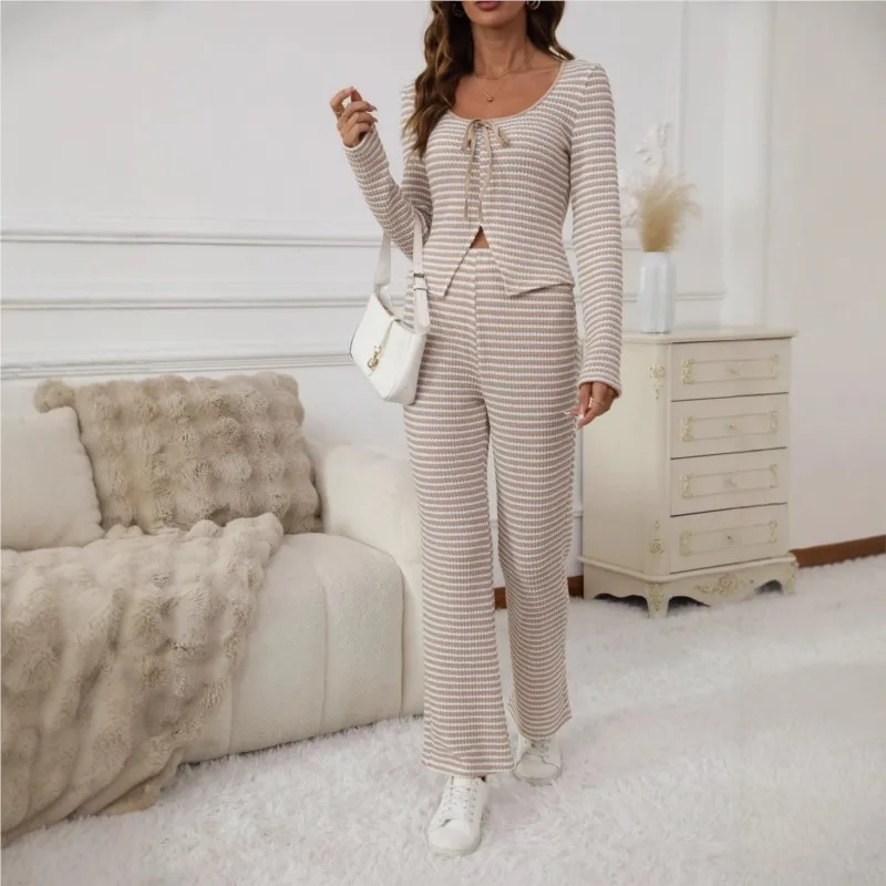 

Keng Tiao 2025 Autumn Winter New Fashion Striped Bottom Split Top+Wide Leg Pants Casual Lace Up Long Sleeve Pants Women's Set