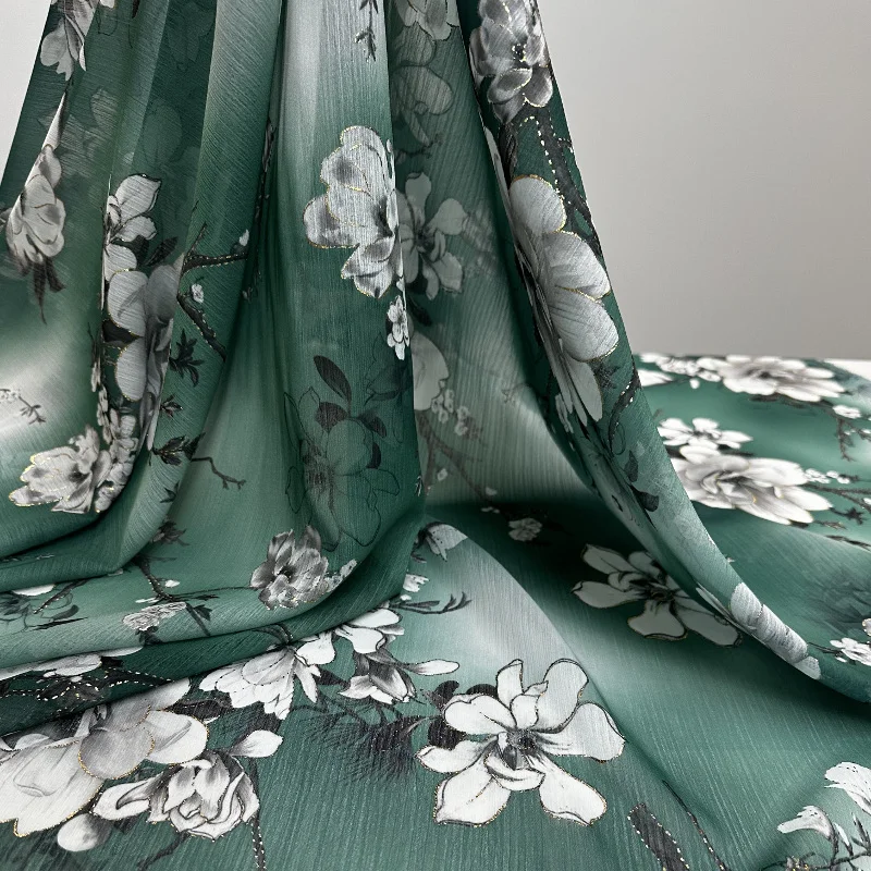 Green Floral Printed Chiffon Fabric, Luxurious Flower Print Tulle, Ideal For Summer Apparel Or Gowns, By the yard