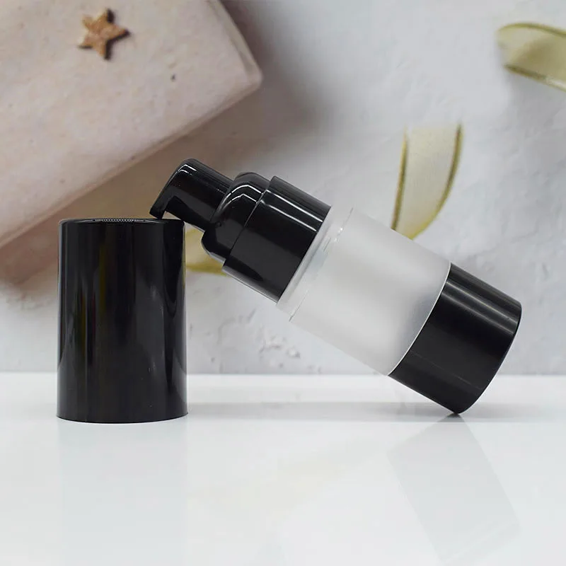 15 مللي زجاجة بدون هواء غطاء مضخة سوداء أسفل غسول الجسم بلوري/مستحلب/الأساس/الجوهر/مصل الزيت/حبر مستحضرات التجميل