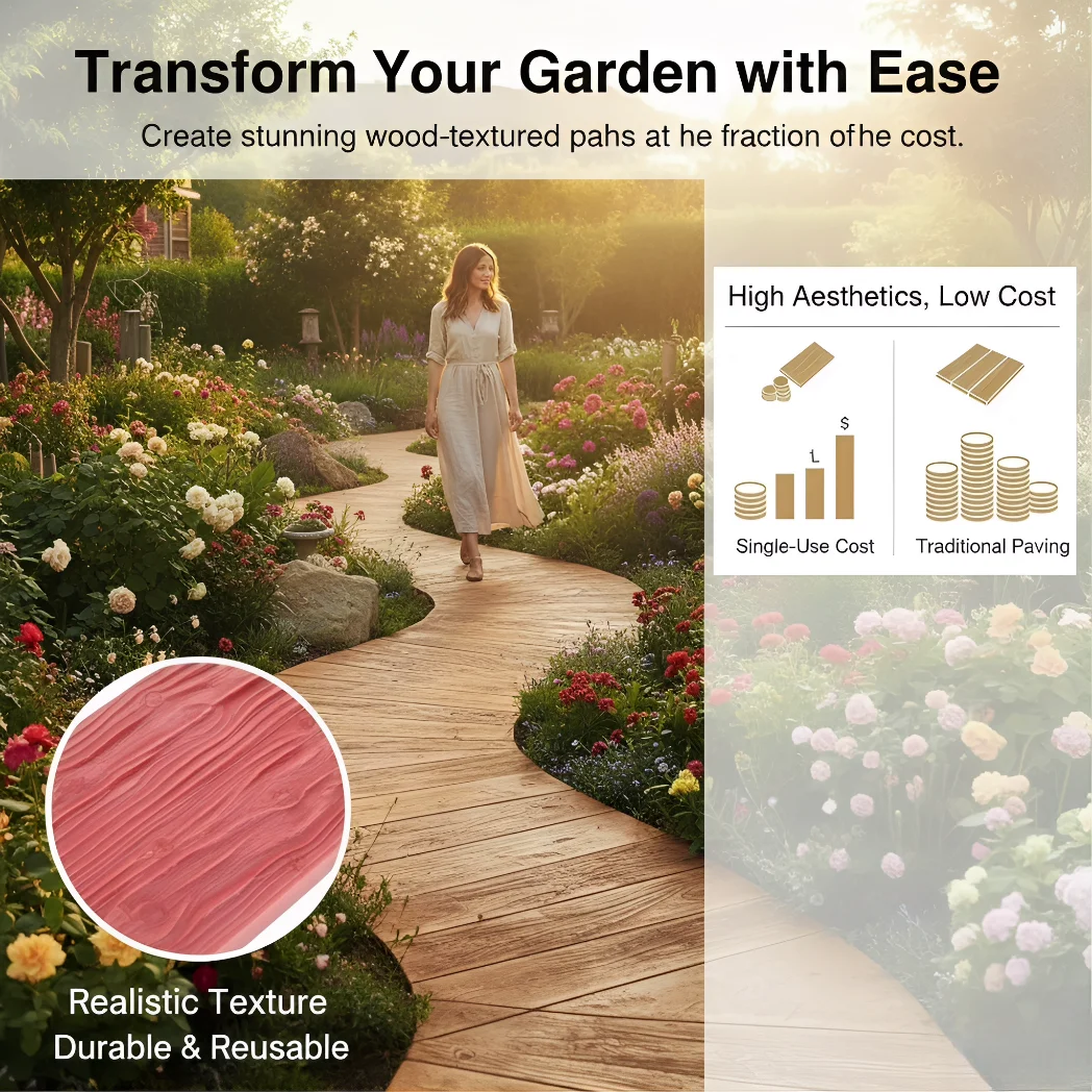 Reusable Wood Grain Concrete Stamp, Imprinted Paver Form, Realistic Decking Texture Mould for Garden Path Villa B&B Patio