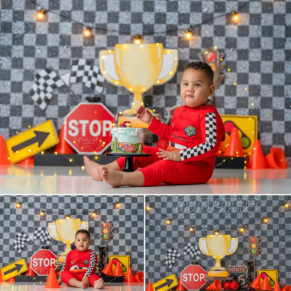 Racing Need for Speed Photo Background Boy Birthday Cake Smash Photography Backdrop Dried Flower Trophy Cool Photo Studio Props