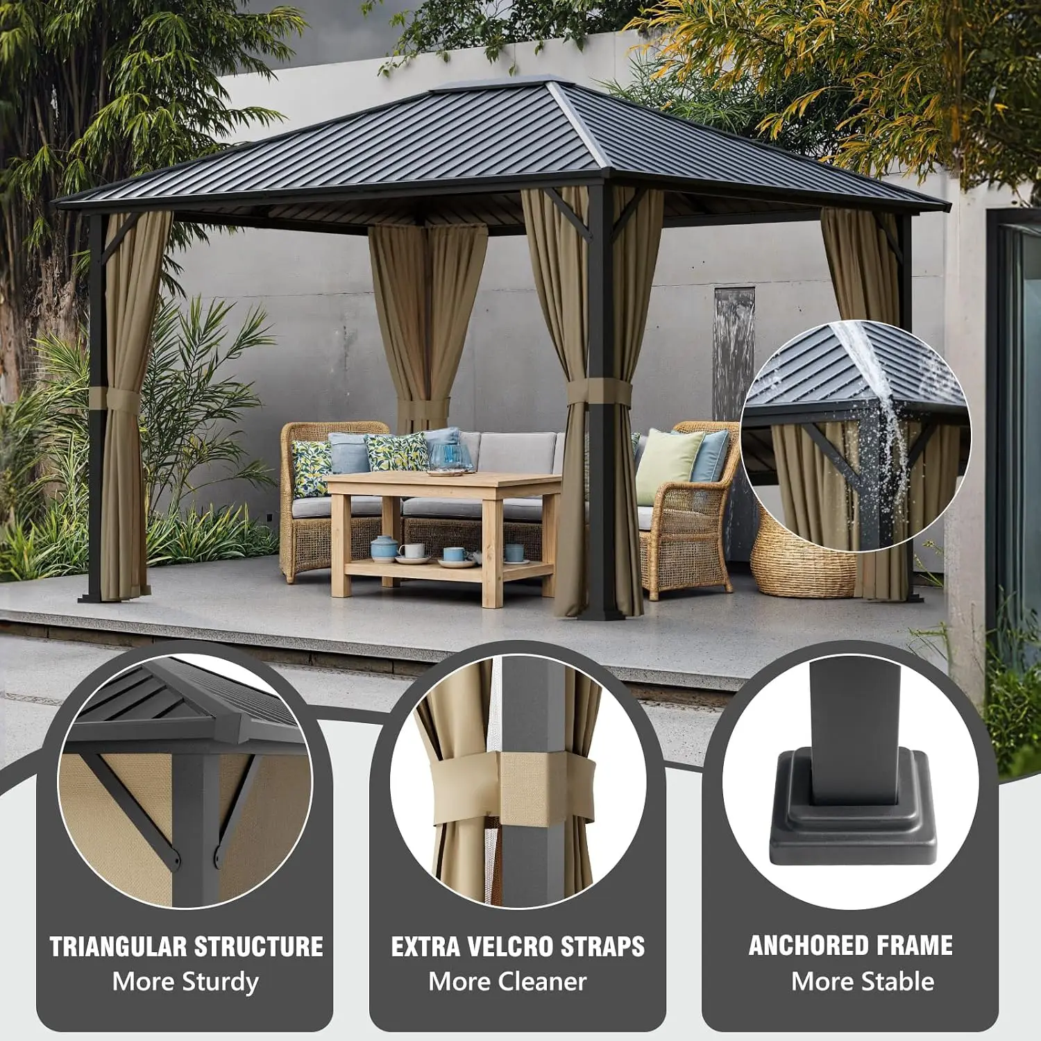 10x12 Hardtop Gazebos, Heavy Duty Outdoor Gazebo with Powder-Coated Iron Frame, Galvanized Steel Roof & Mosquito, Custom