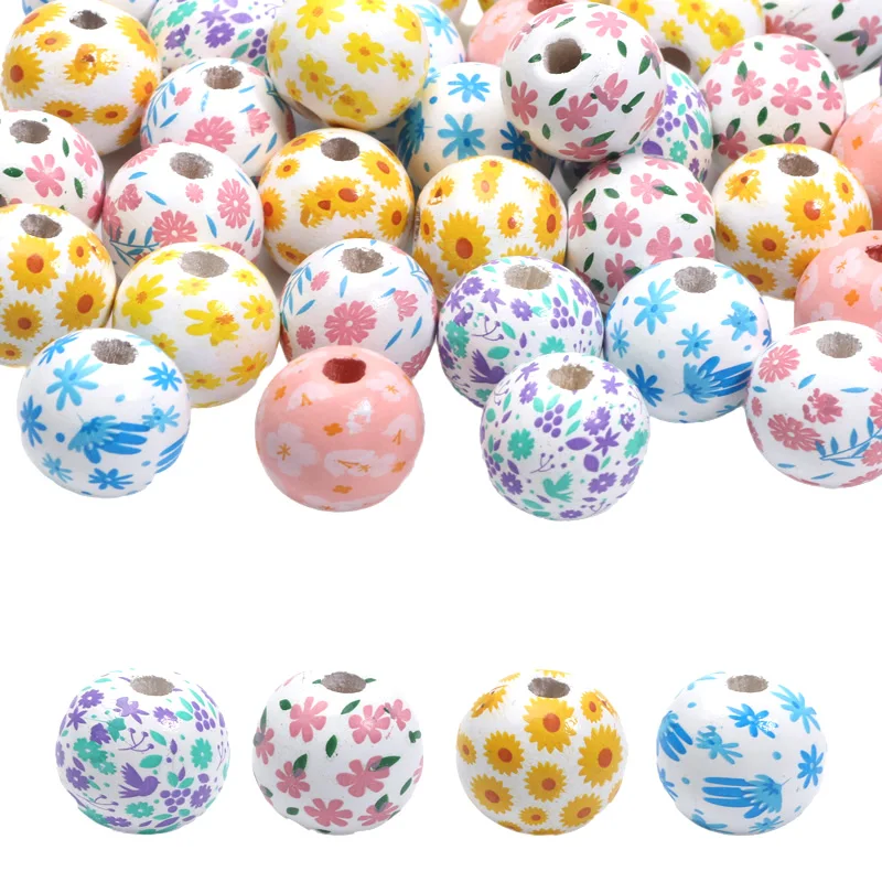 Multicolor Flower Pattern 16mm 10pcs Wooden Round Balls Spacer Beads For Jewelry Making DIY Handmade Decoration Pen Accessories