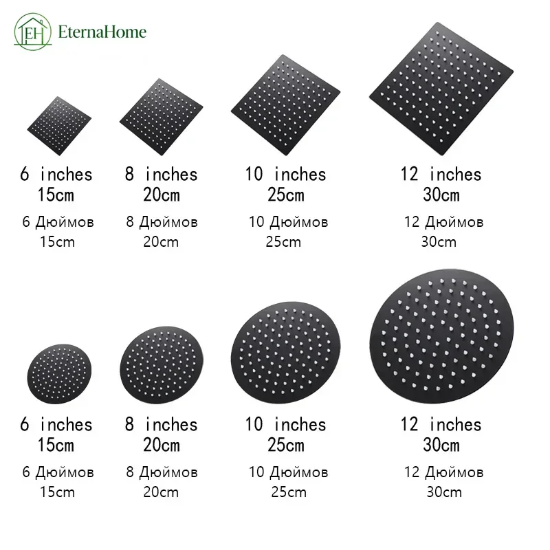 Round & Square Shower Head Stainless Steel Rainfall Showerheads 12/10/8/6 Inch Ultra-thin Black Rain Bathroom Shower Accessories