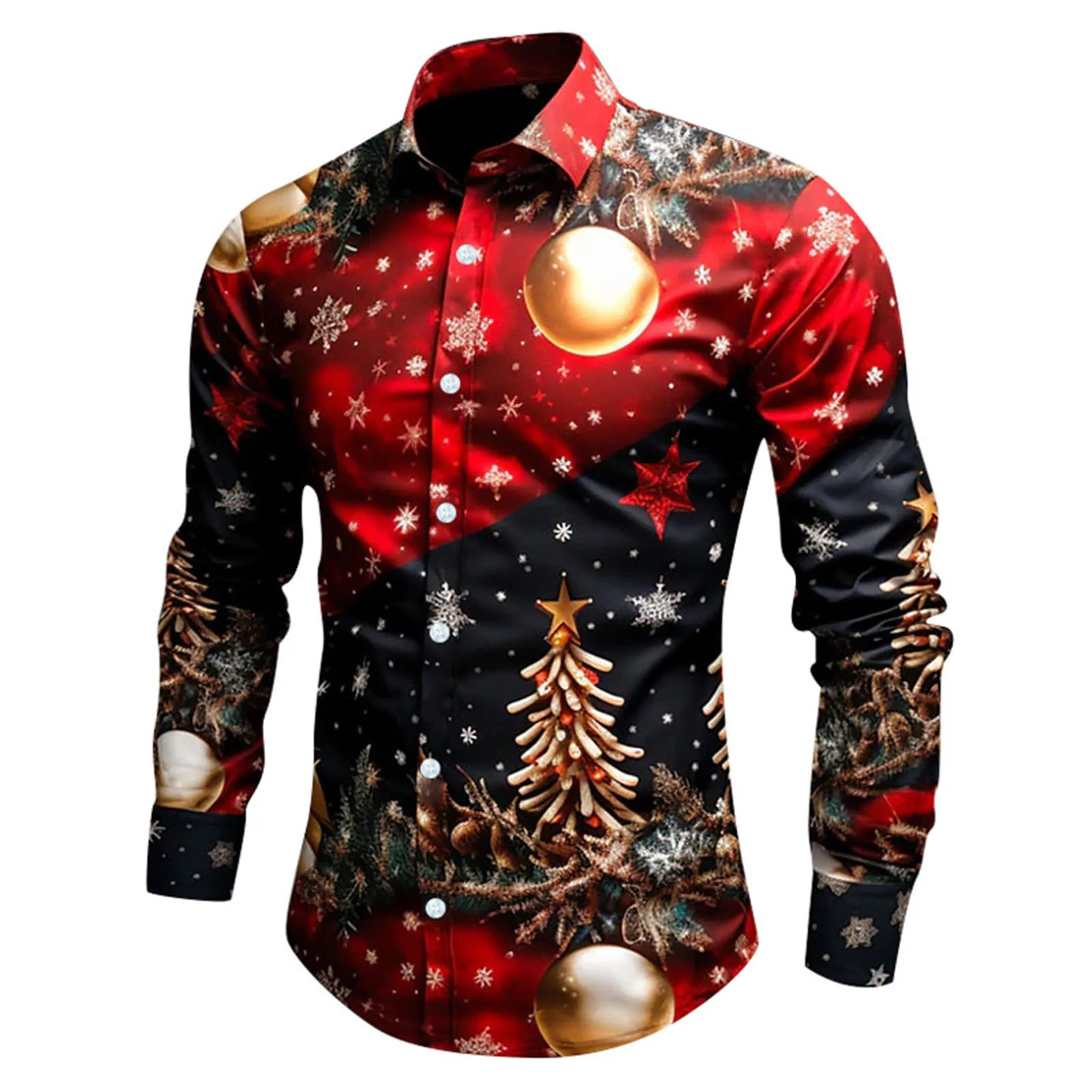 Weihnachtsmann-Druck für Herren, Weihnachtshemden, Rentier, Elch, Schneeflocke, Grafik-Hemd, Umlegekragen, lange Ärmel, Weihnachtsoberteile