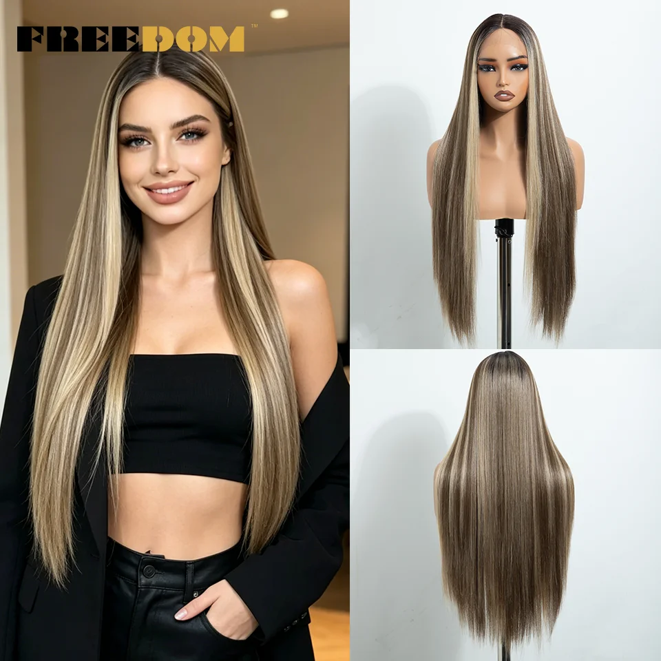 FREEDOM Synthetische Lace-Front-Perücken für Damen, 30 Zoll lang, glatt, Ombré-Braun-Blond, natürliche Lace-Perücke, vorgezupft, für den täglichen Gebrauch. – Detail 2