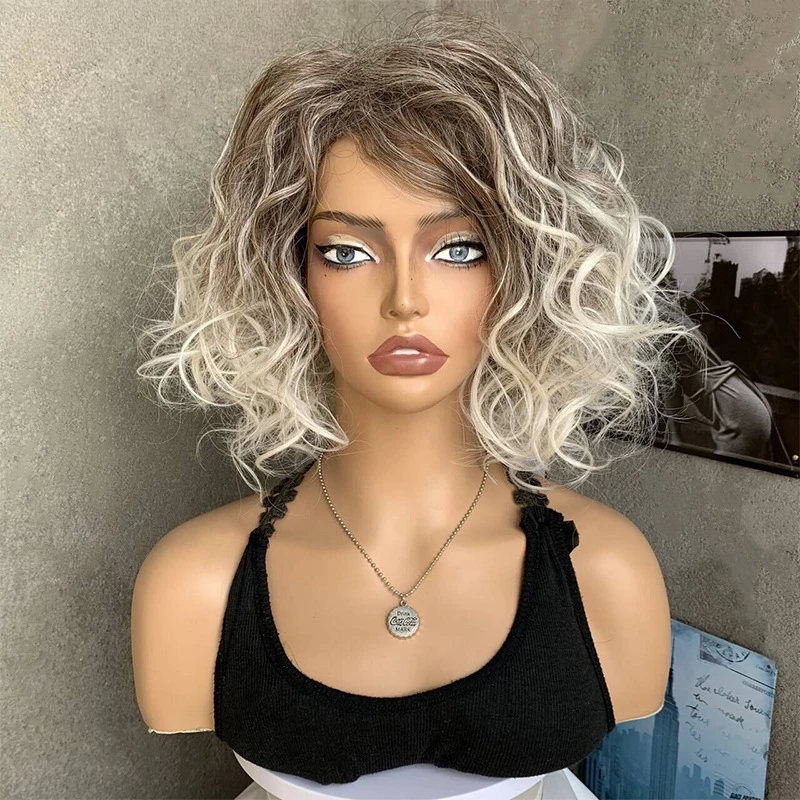 

New Beauty Short Wave Curly Wig Light Blonde Cropped Hair Female Fashion Synthetic Fiber High Temperature Silk Wig Full Head Set