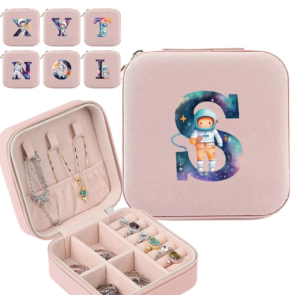 Jewelry Case Portable Travel Jewelry Box Personalized Gifts Leather Astronaut Letter Pattern Storage Zipper Jewelers Jewelry Box