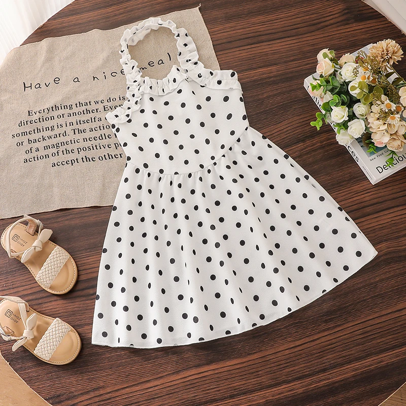 Girls 4-7 Years Old Summer Halter Dress, White Black Polka Dot Sleeveless Sundress with Ruffle Trim Kids Daily Casual Dress