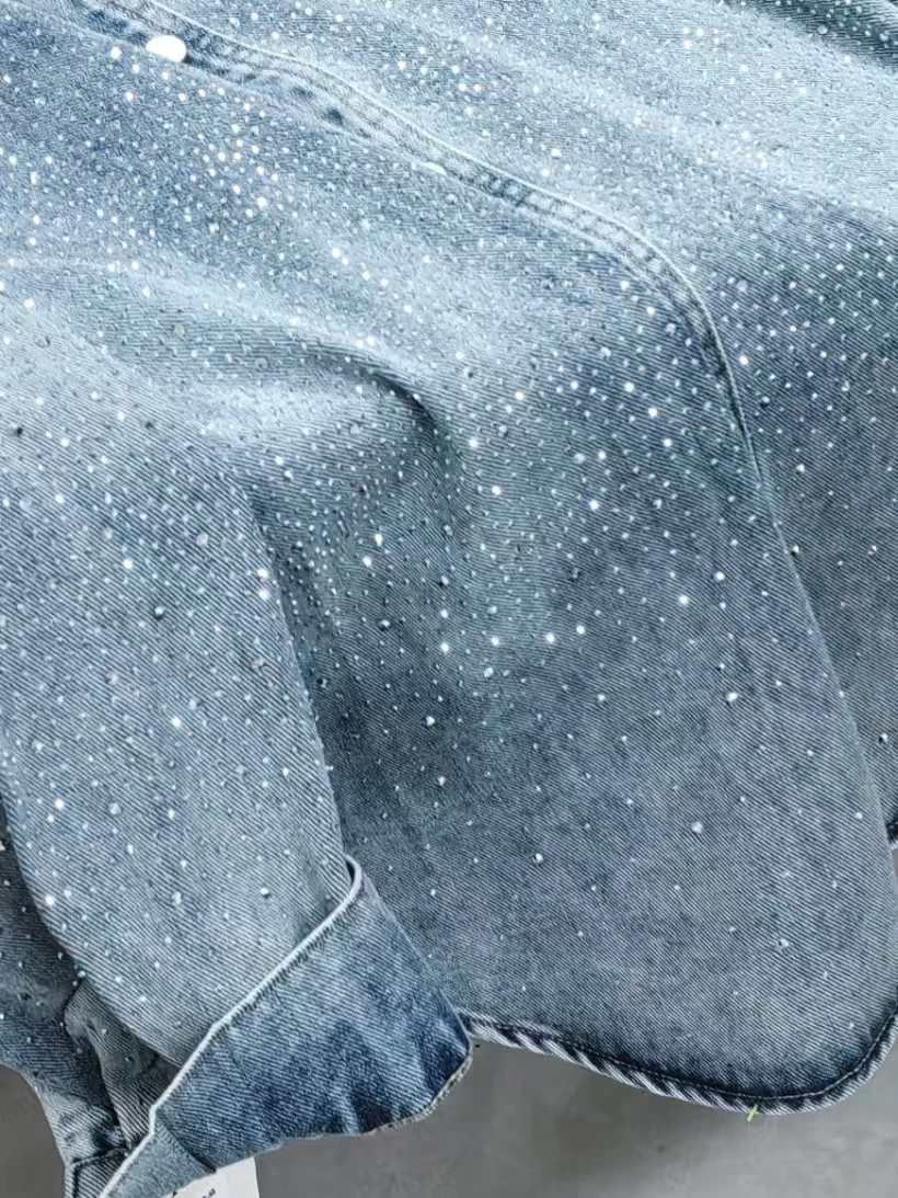 2026 Autumn/Spring Button-down Long Sleeve Casual Jeans Top Sparkle Streetwear Chic Washed Denim Shirt Outwears Coat Tops
