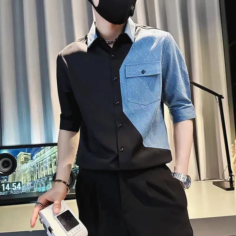 Autumn Luxury Mens Half Sleeve Denim Patchwork Shirts Men Business Casual Dress Slim Fit Social Shirt Streetwear Chemise Homme