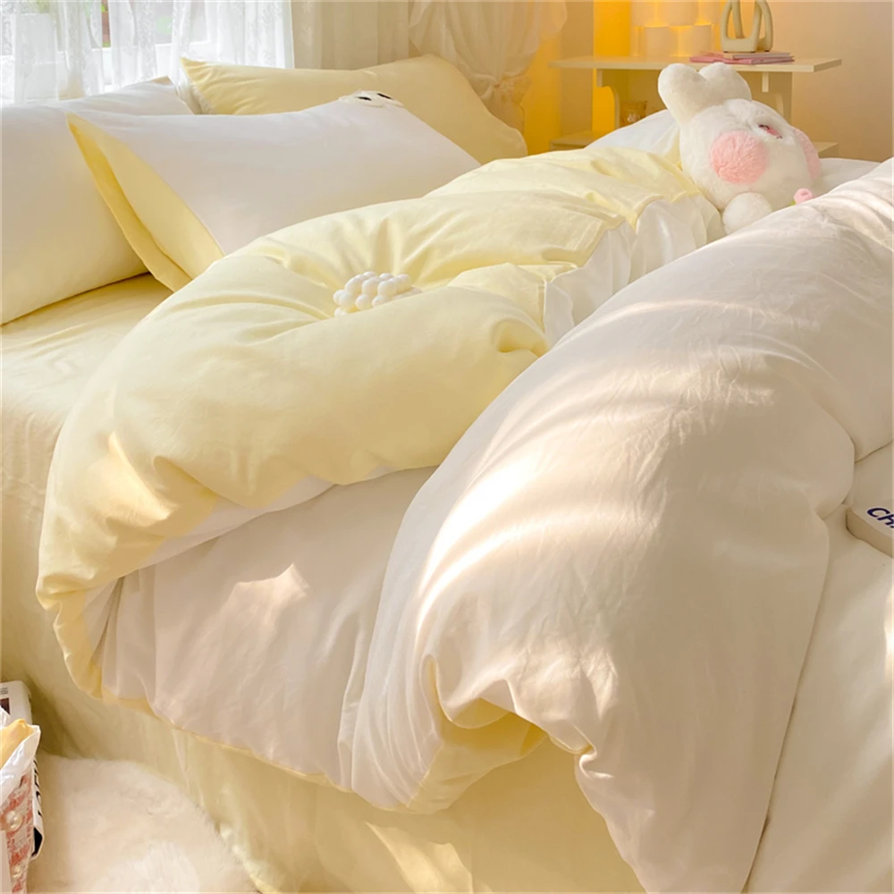 Cute Duvet Cover Set with Sheet Pillowcase Four-Piece Sets Solid Color Bed Linen Queen Big Eyes Home Bedding Set Bedroom Decor