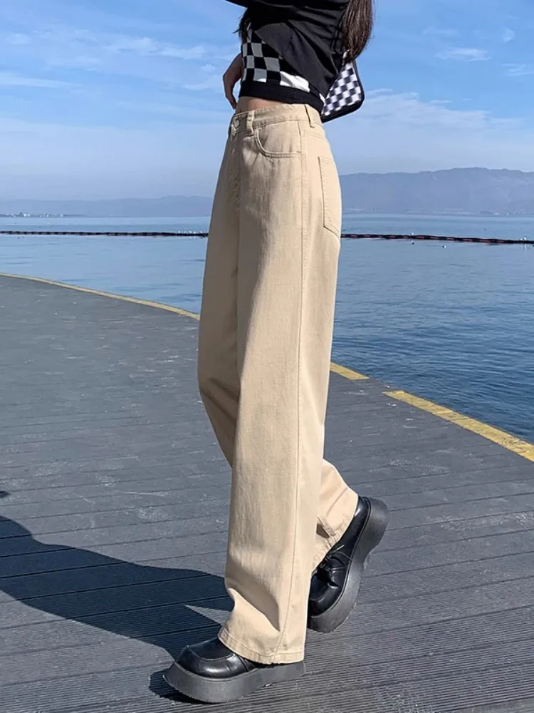 WCFCX STUDIO Korean Fashion Woman Baggy Jeans Classic All-match Solid Color Straight-leg Denim khaki Wide-leg Pants