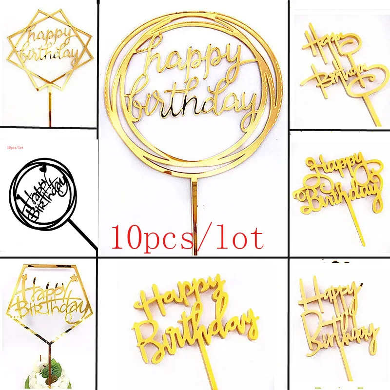 INS 10 Pcs 26 Styles Happy Birthday Acrylic Cake Toppers Gold Birthday Cake Toppers for Birthday Party Cake Decorations 2023