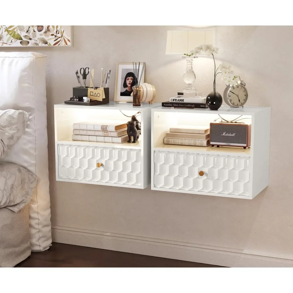 

Nightstands Set of 2 with Drawer Floating Wood Nightstand Wall-Mounted Bedside Table LED Nightstand