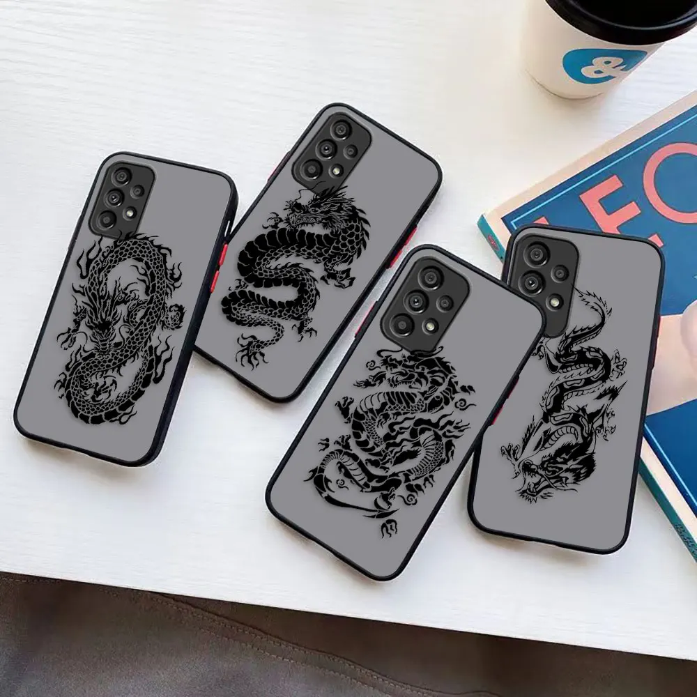 Matte Phone Case for Samsung A73 A72 A71 A53 A52 A51 A50 A42 A32 A33 A30 A22 A21S 5G 4G LITE Case Line Drawing Chinese Dragon