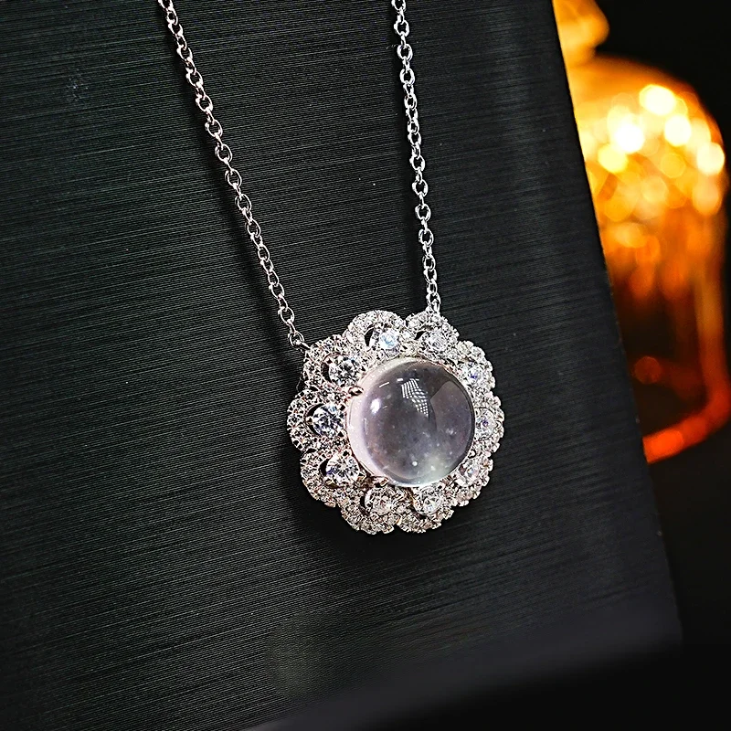 Luxury Natural Water Foam Jade 925 Silver Pendant Set, with High Carbon Diamond Glass and High Fluorescence Sunflower