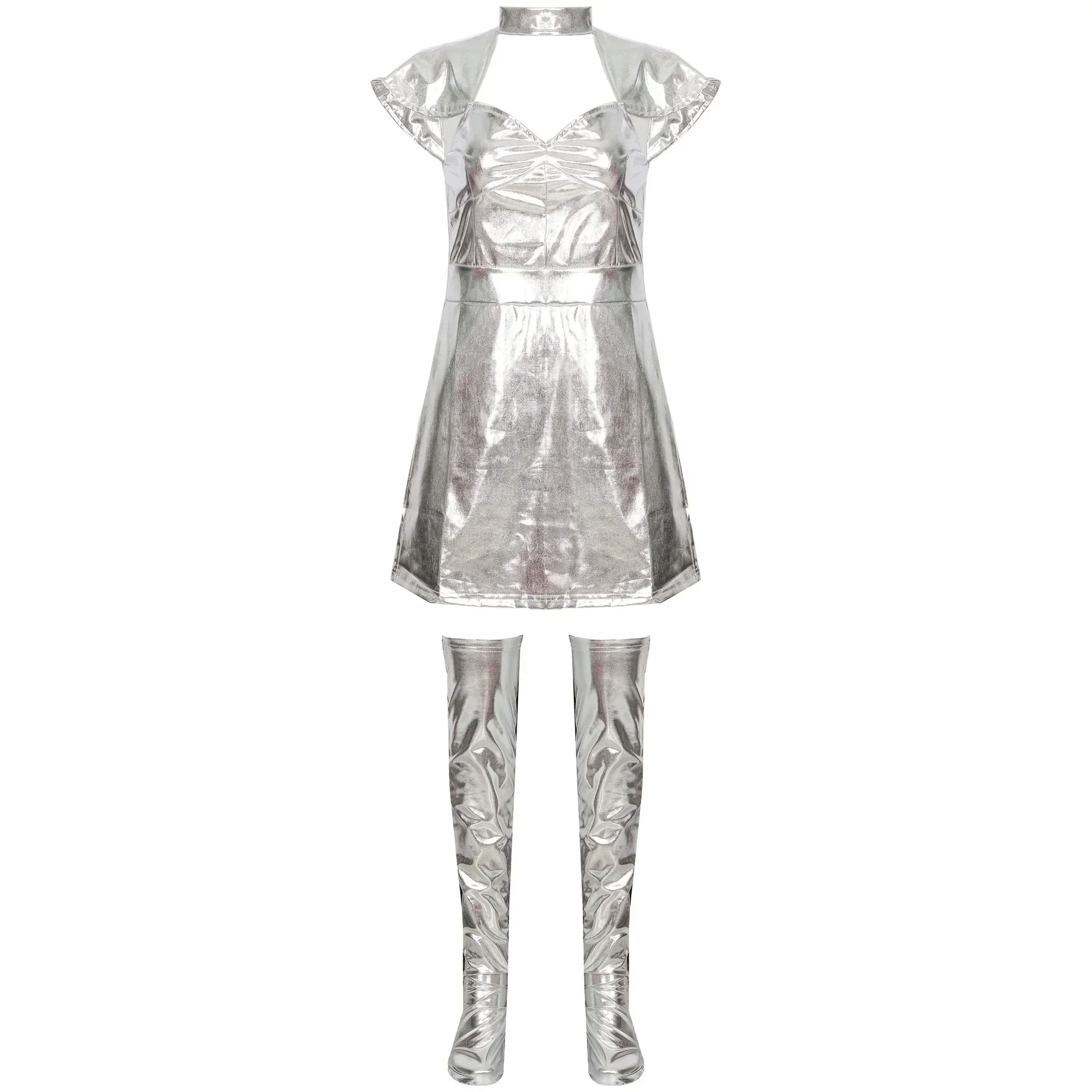 Beautiful Girl Halloween Space Costume Cosplay Planet Silver Tin Man Uniform Performance Stage Costume