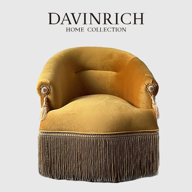 

DAVINRICH Italian Pastoral Velvet Sofa Chair With Tassels Retro Charm Armchair Luxurious Single Seater Couch Boutique Art Decor