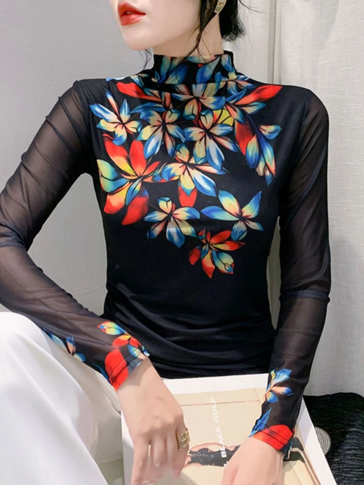 Half Turtleneck Base Top Women Autumn Winter Slim Printed Floral Mesh T-shirts Female Full Sleeve Tees FF0857