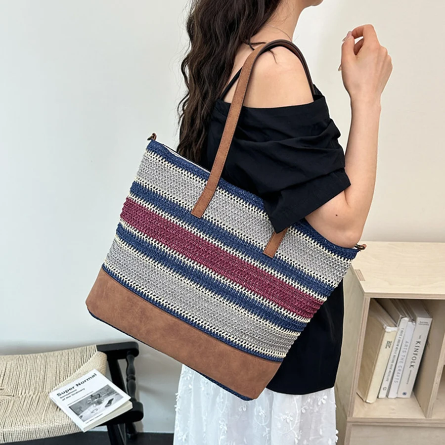 

New Stripes Rainbow Woven Shoulder Bag Large Capacity Simple Beach Bag for Women Versatile Commuting Bucket Bag Bali Style Hand