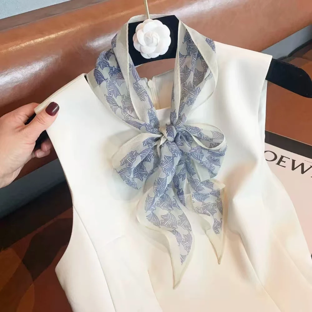 

White Blue Women's 100% Mulberry Silk Scarf Neckchief Spring Fall Elegant Leaves Design Chiffon Long Silk Scarves 160*16cm