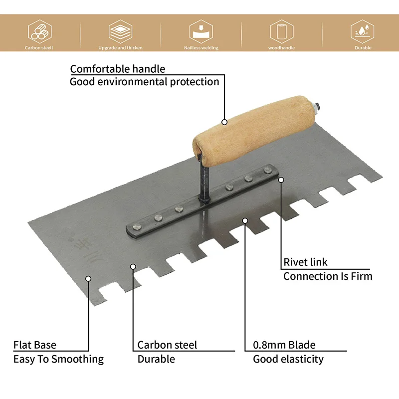 Size 28cmX11cm Plaster Finishing Trowel Carbon Steel Blade Wood Handle 15mm Square Teeth Used For Tile Wall Building