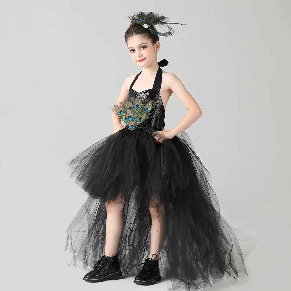 Children Fancy Peacock Feather Long Tail Elegant Beautiful Mesh Tutu Dress With Deluxe Wing Hair Clip Outfit For Halloween Party