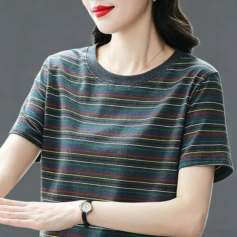 Striped Women's Casual Loose Fit T-Shirt With Round Neck And Short Sleeves For Summer Office Wear