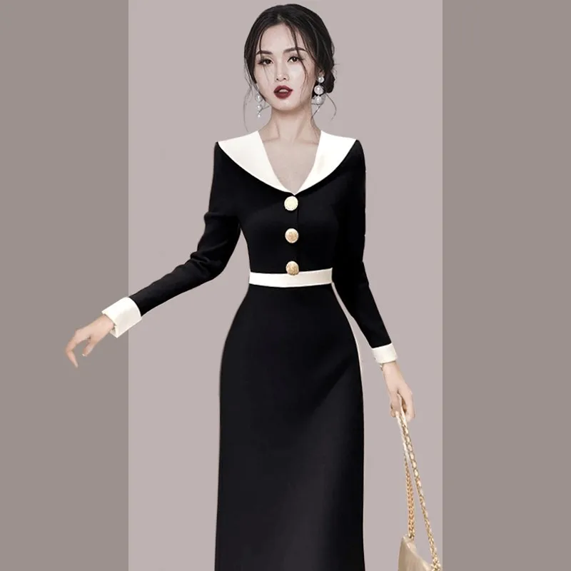 

Женское базовое платье Bla Long Sve с длинным рукавом, осеннее, 2024, высококачественное, облегающее, с цветными вставками, V-образным вырезом, модель Long Dr Parquet Sle V Ne a L