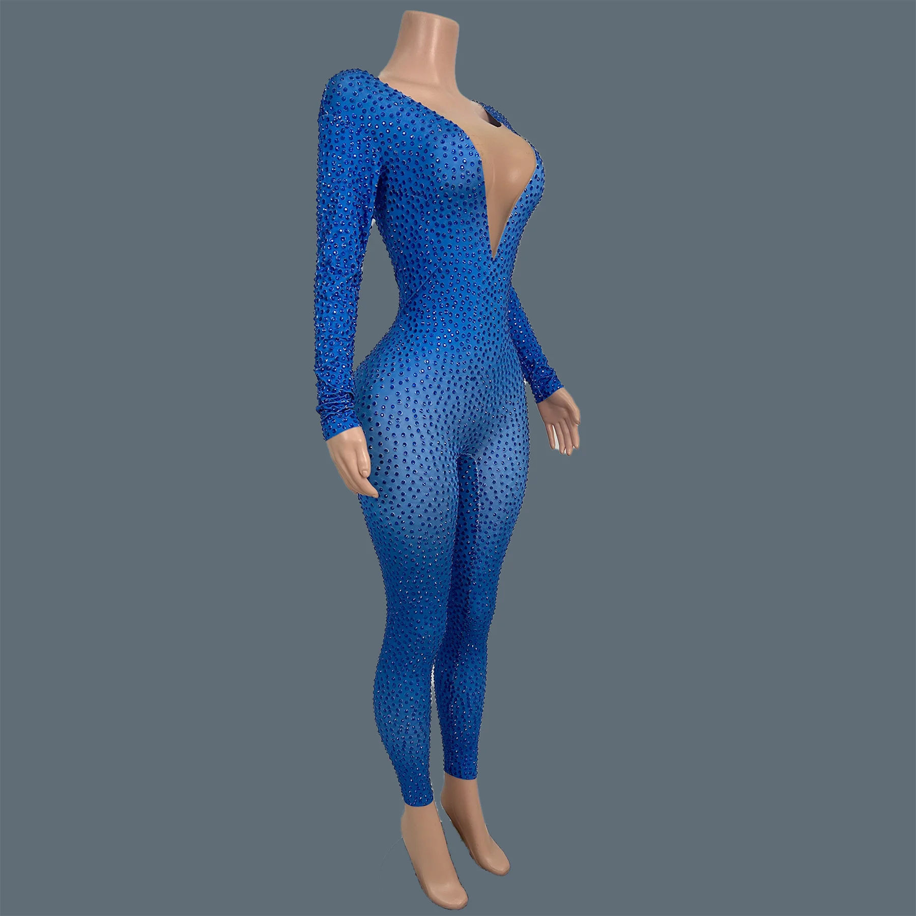 

Sparkly Full Rhinestone Blue Tight Fitting Jumpsuit Club Show Stage Showgirl Wear gig Singer Party Deep V Neck Outfit Lanyekong