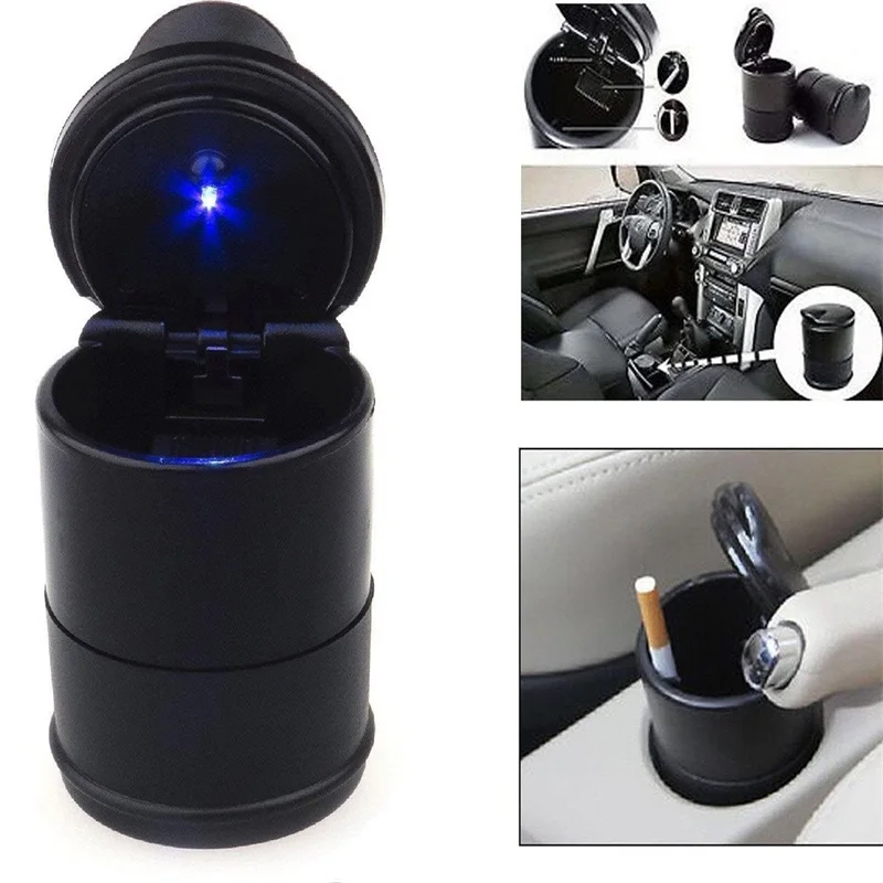 Car Ashtray LED Portable One Touch Open Automatic Indicator Blue Light Flame Retardant Smoke Cigar Ash Tray Car Accessories