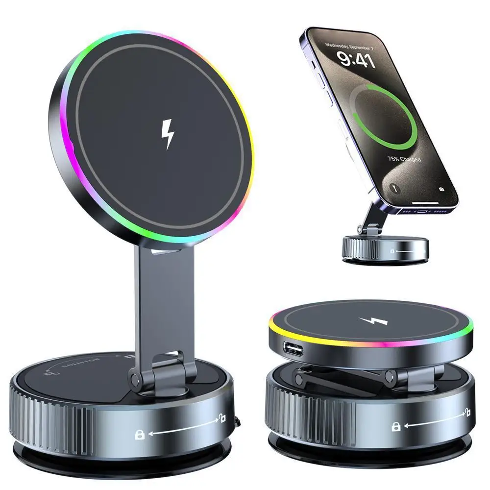 

Vacuum Magnetic Wireless Charger Cooler 15W Car Mount Aluminum Alloy Travel Charger Stand for iPhone Collapsible Holder