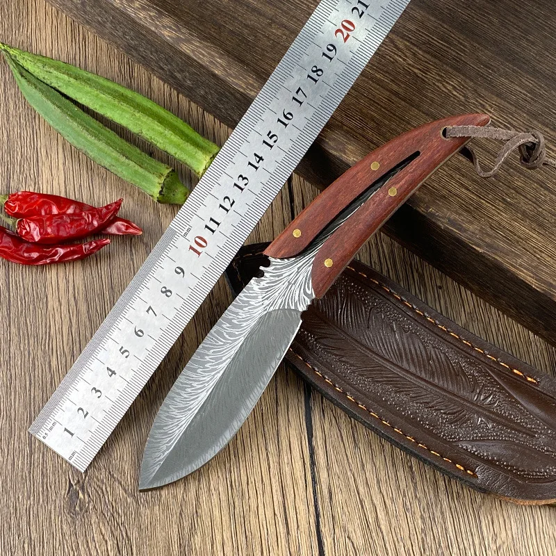 

Y-START Stainless steel Blade Red sandalwood Handle Artificial leather holster scabbard Survival Hunting Knife-NS1416