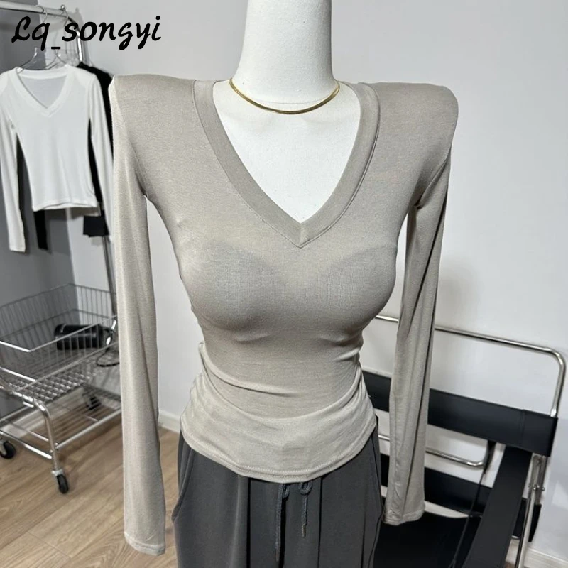 

Lq_songyi V Neck Sexy T Shirt Shoulder Pads Slim Fit High Strecth Tops 2024 Spring Summer Solid Basic Long Sleeve T Shirts Women