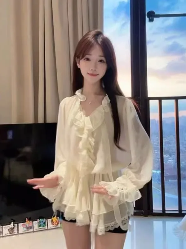 

Французская шифоновая блузка с длинным рукавом для женщин, с кружевной отделкой, приталенная, весенний дизайн, в дворцовом стиле, ультра-красивая, модная