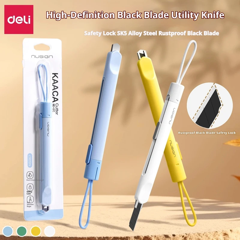سكين Deli Nusign صغير قابل للسحب، شفرات سوداء من سبيكة SK5 فتاحة صندوق بتصميم جمالي لمحبي الحرف اليدوية والمبتدئين بنفسك