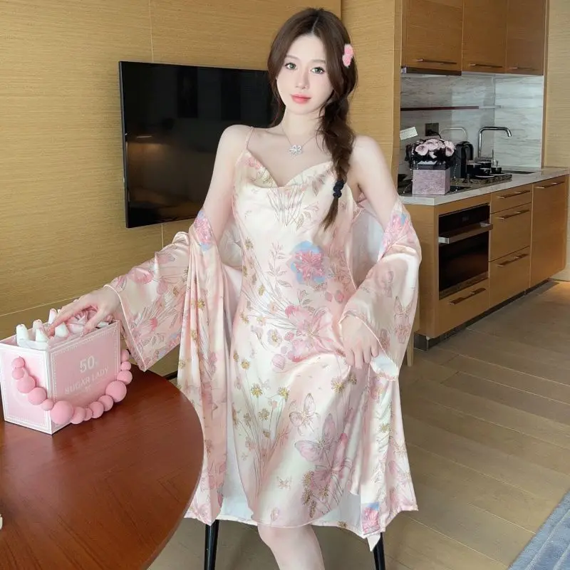 High Grade Printed Sweet Wind Light Luxury Back Strap Skirt Two Piece Set 2026 Summer New Fashionable French Ice Silk Robe Women