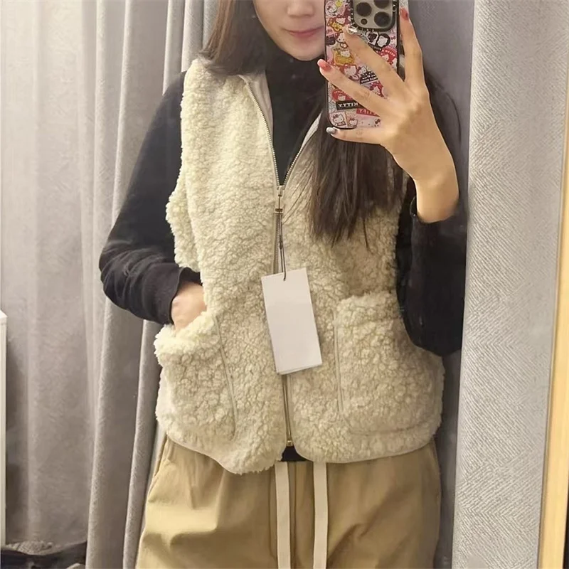 Autumn Winter Lamb Fur Lined Sleeveless Hooded Vest Simple Versatile Women's Fashion Commute Style Mixed Fabric Outerwear