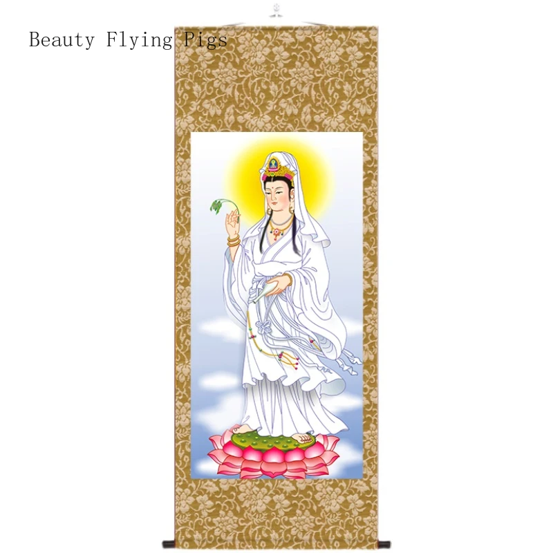 White Clothed Avalokitesvara Buddha Hall Hanging Painting of Guanyin Buddha Silk Painting Scroll room decor  People