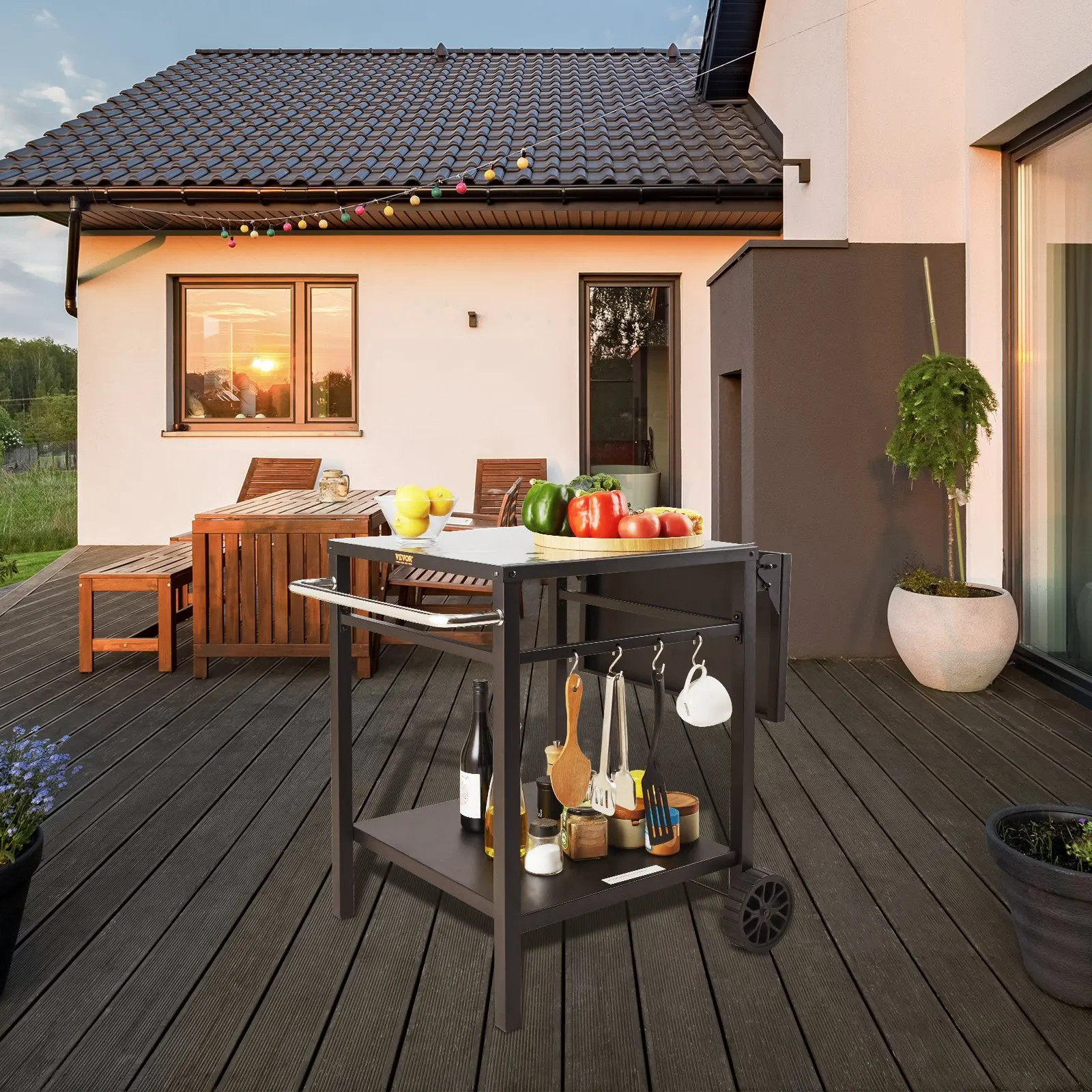 

Outdoor Grill Dining Cart With Double-Shelf, BBQ Movable Food Prep Table, Multifunctional Foldable Iron Table Top, Portable