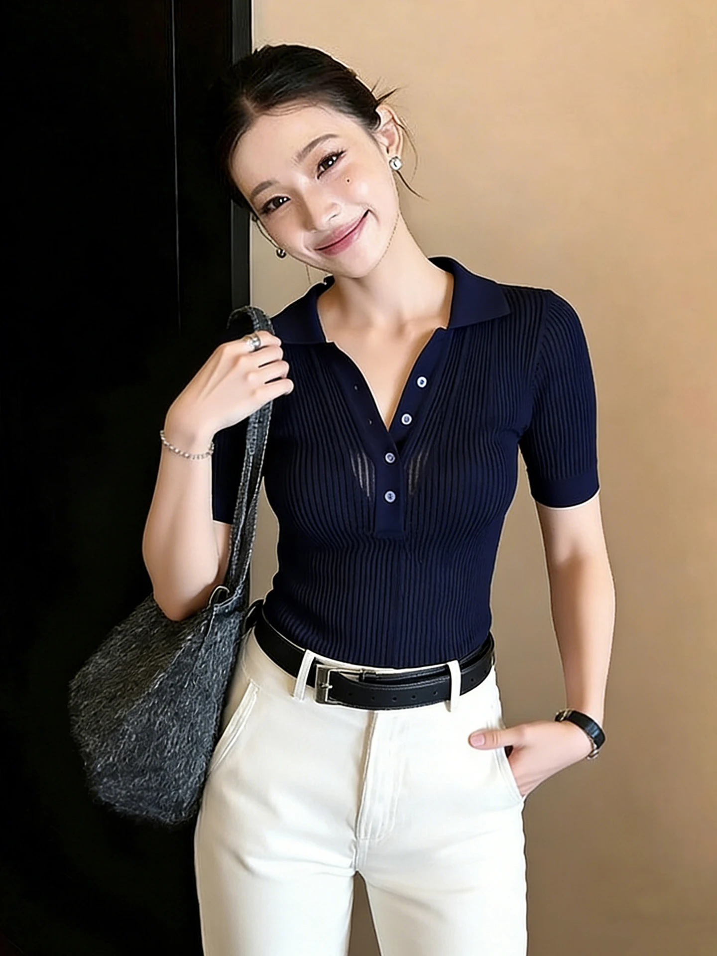 Elegant Short Sleeve Knitted Shirt Turn-down Collar Slim Fit Beautiful Commute Top Versatile Autumn Ladies Fashion Soft Material