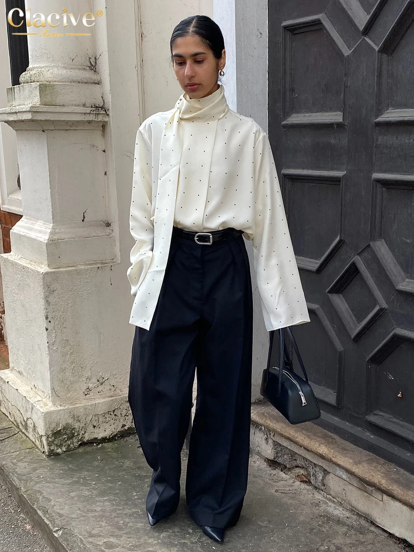 Clacive Fashion Loose Print Women Shirt 2025 Casual Stand Collar Long Sleeve Shirts Elegant Classic Lace-Up Top Female Clothing