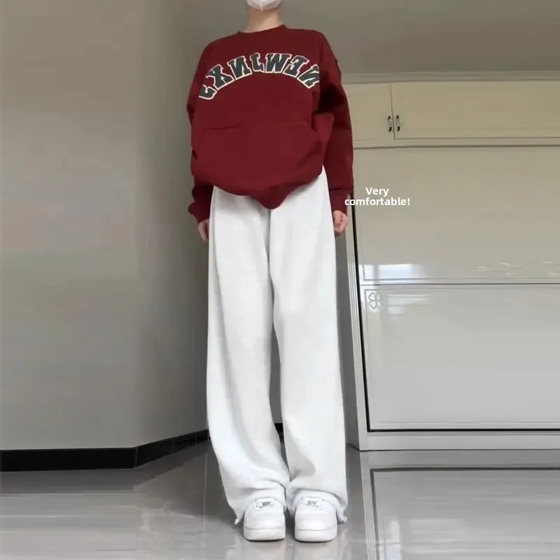 루즈핏 화이트 그레이 스포츠 팬츠 여성용 봄 가을 캐주얼 스트레이트 와이드 레그 스웨트팬츠 여성 루즈핏 바지