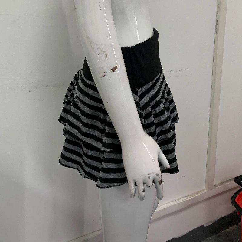 Y2K Black Grey Striped Ruffle Mini Skirt Women High Waist Double Layer Tiered A-Line Short Skirt Streetwear