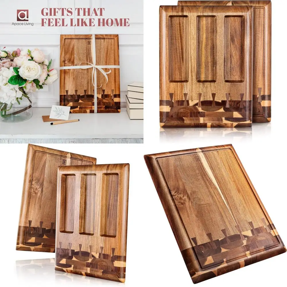 

Sustainable Acacia Wood Chopping Board, Large Kitchen Butcher Block with Juice Groove, 3-Compartment Serving, 17x13x1.5
