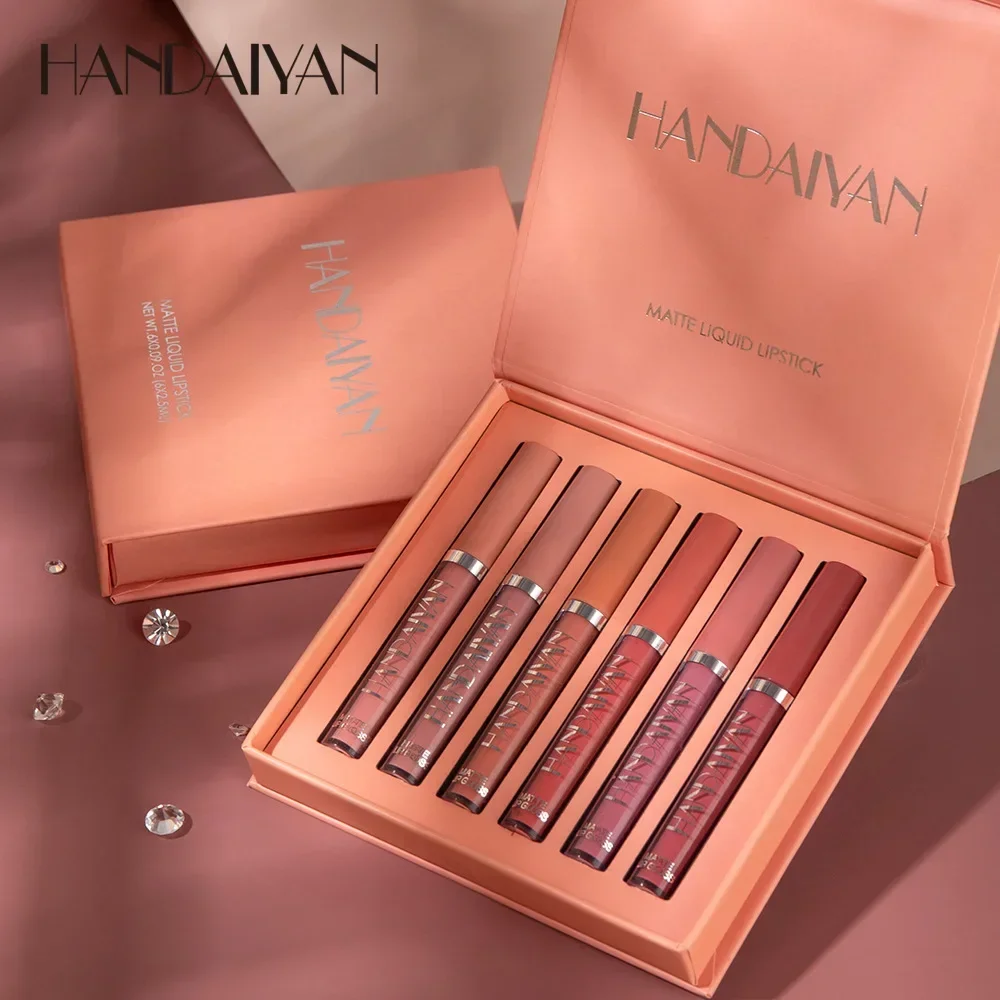 HANDAIYAN-Brilho Labial Fosco Impermeável, De Longa Duração, Copo Antiaderente, Batom Líquido, Caixa de Presente, Cosméticos, Maquiagem, Conjunto de 6Pcs